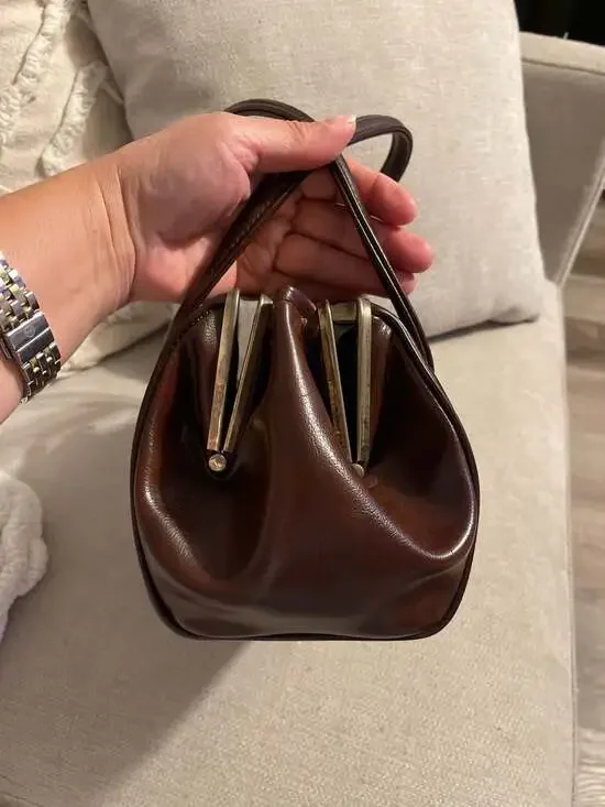 Vintage 1950s Ackery Brown Leather Triple Compartment Frame Handbag - Picture 3 of 9